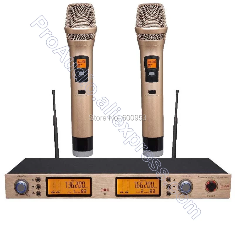 

Clearance sale In Stock ! UHF 200 Channel Digital 2 Golden Color Handheld Wireless Microphone System UHF High Frequency