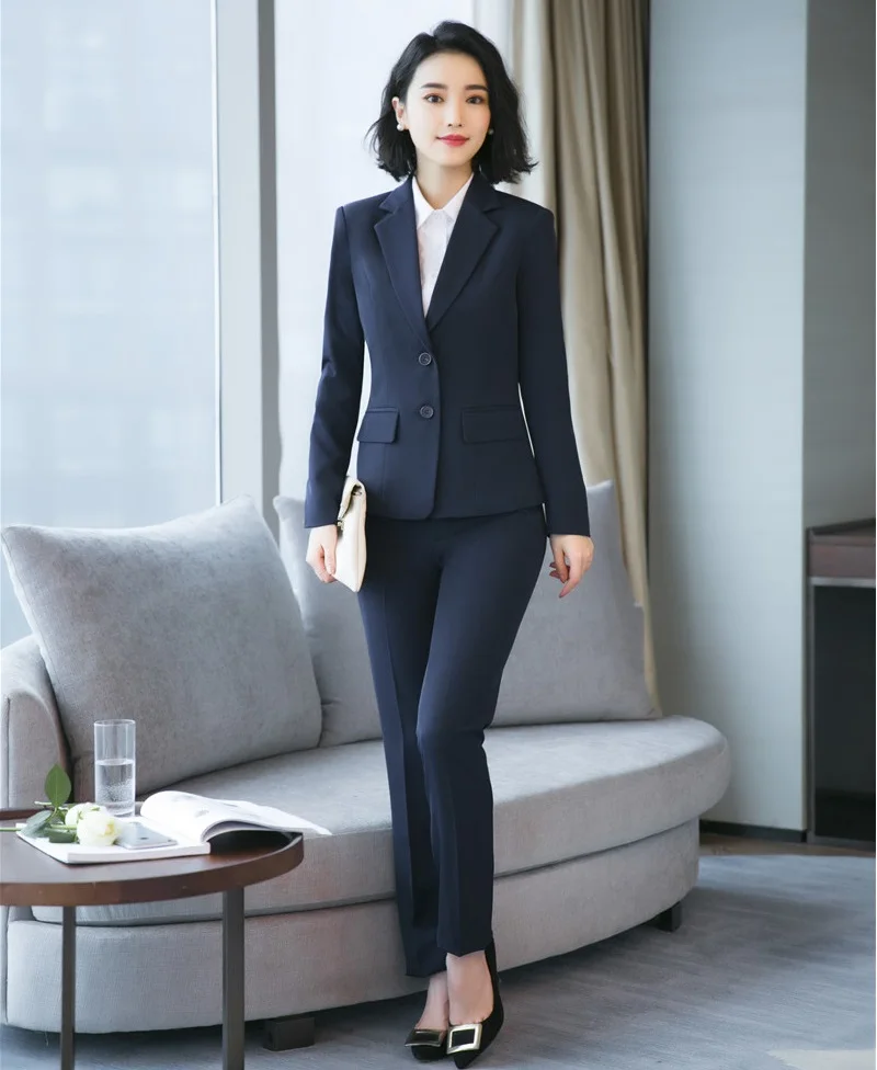 Formal Ladies Navy blue Blazer Women Business Suits with Pant and ...
