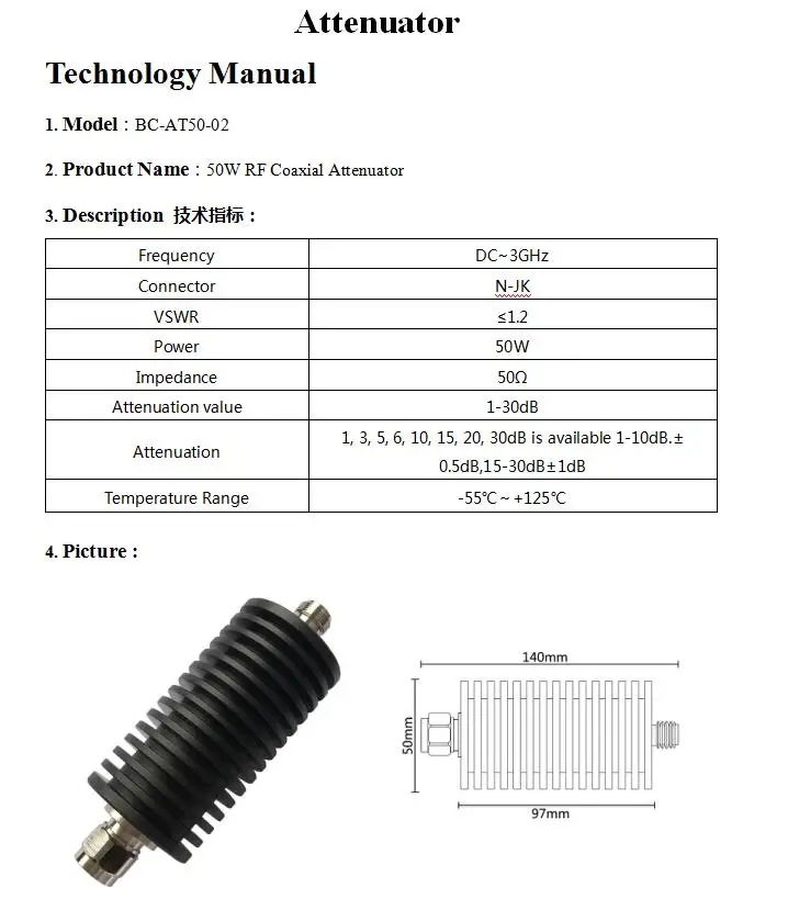 50 w N-JK RF coaxial atenuador fixo,