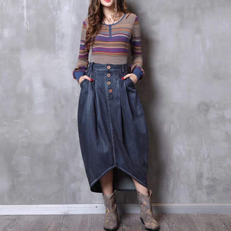 2018 Модные Ретро винтажные уличные повседневные асимметричные складки бутон карандаш обертывание женские джинсы длинные женские юбки