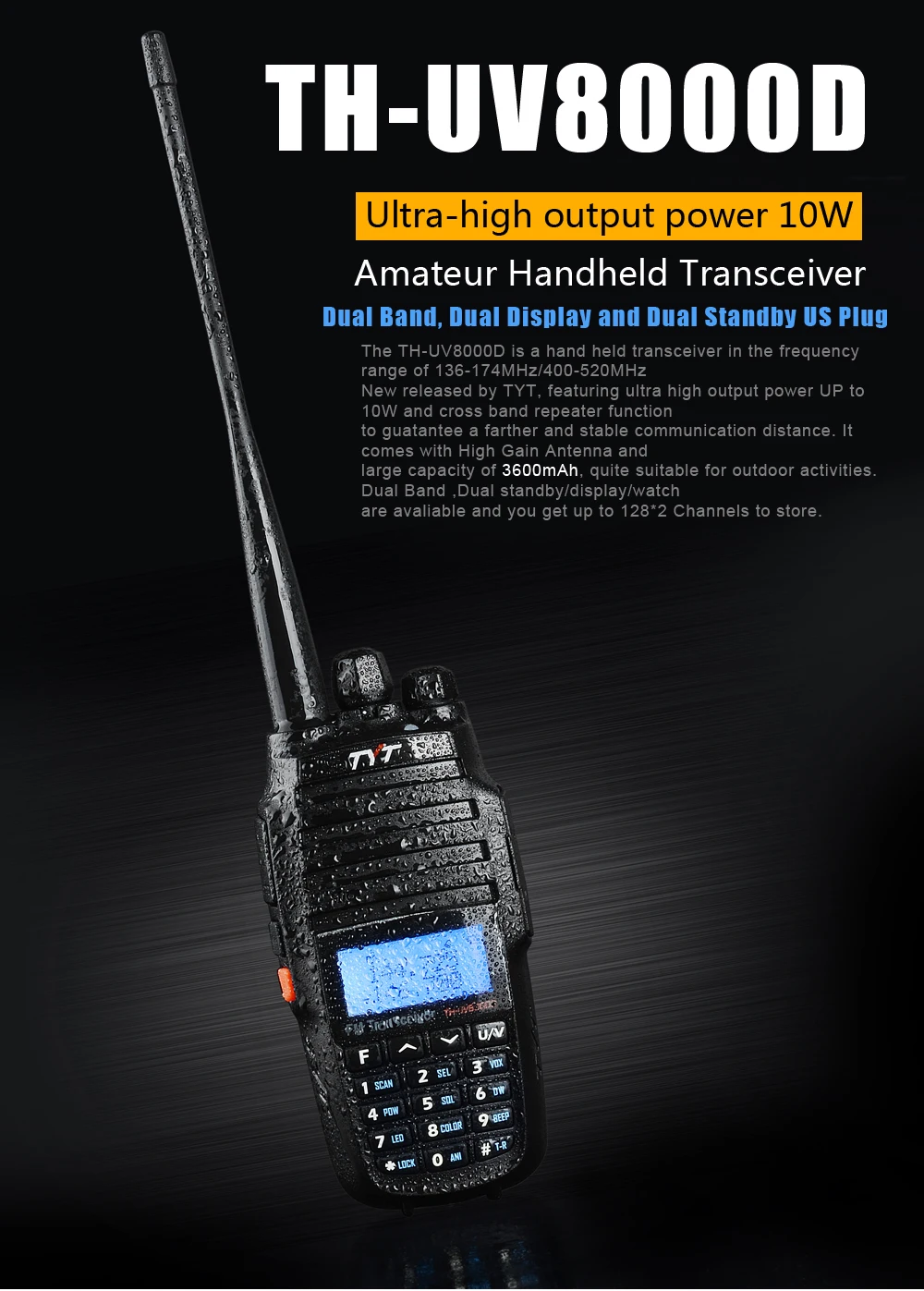 TYT UV8000D портативная рация 10 км двухдиапазонный VHF UHF 10 Вт Радио Comunicador 10 км 3600 мАч функция перекрестного ретранслятора радиоприемник TYT