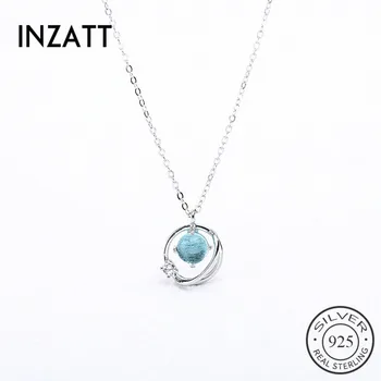 

INZATT Real 925 Sterling Silver Surrounding the Planet Blue Glass Round Zircon Pendent Necklace For Women Exquisite Boho Jewelry