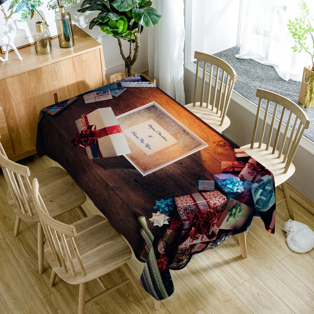  Christmas New Year 3d Tablecloth Golden Snowflake & Elk Pattern Washable Polyester Cotton Rectangul