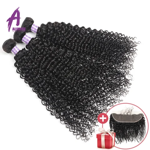 Extensões de Cabelo Livre Frontal Alimice Cabelo Encaracolado Kinky Pacotes 3 Peças – Lote 8 Peruana Weave Bundles 100% Remy Humano- 28 1b