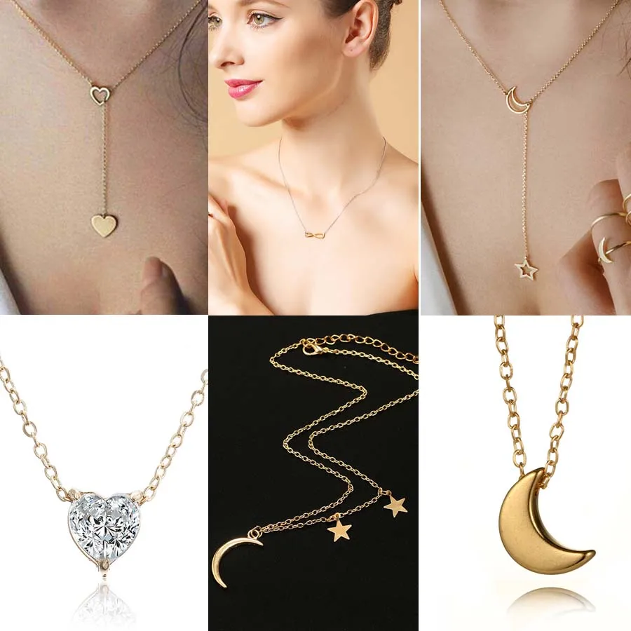 

Fashion Jewelry Gold Color Moon Star Heart Pendant Necklaces Crescent Pendant Long Necklaces For Women Wholesale