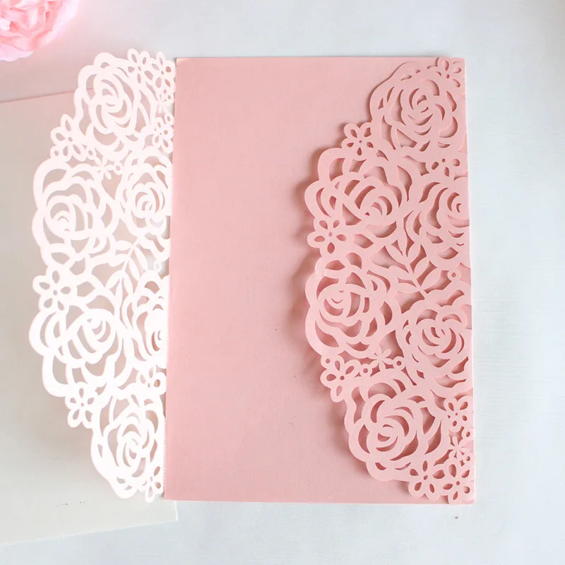Розовая роза лазерная обработка карт для свадьбы помолвка крестины с конвертом внутренняя карта романтические пригласительные 50 шт./партия