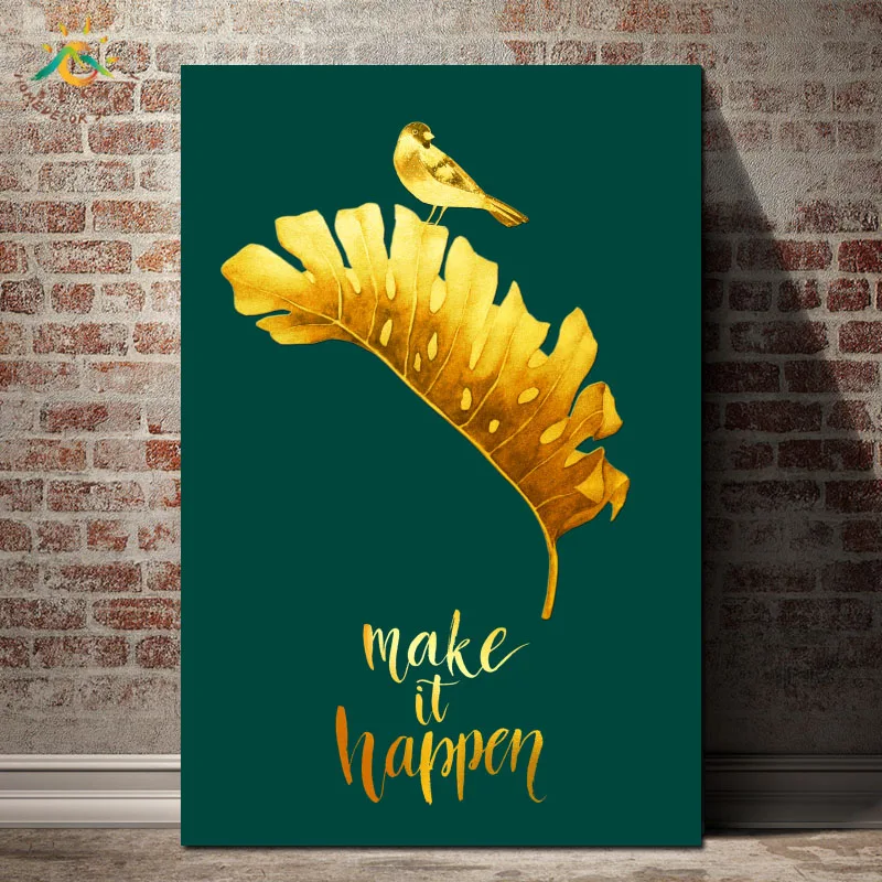 

Golden Leaf and Bird Abstract Wall Art Poster and Print Canvas Painting Decorative Picture Scroll Canvas Painting Pop Prints