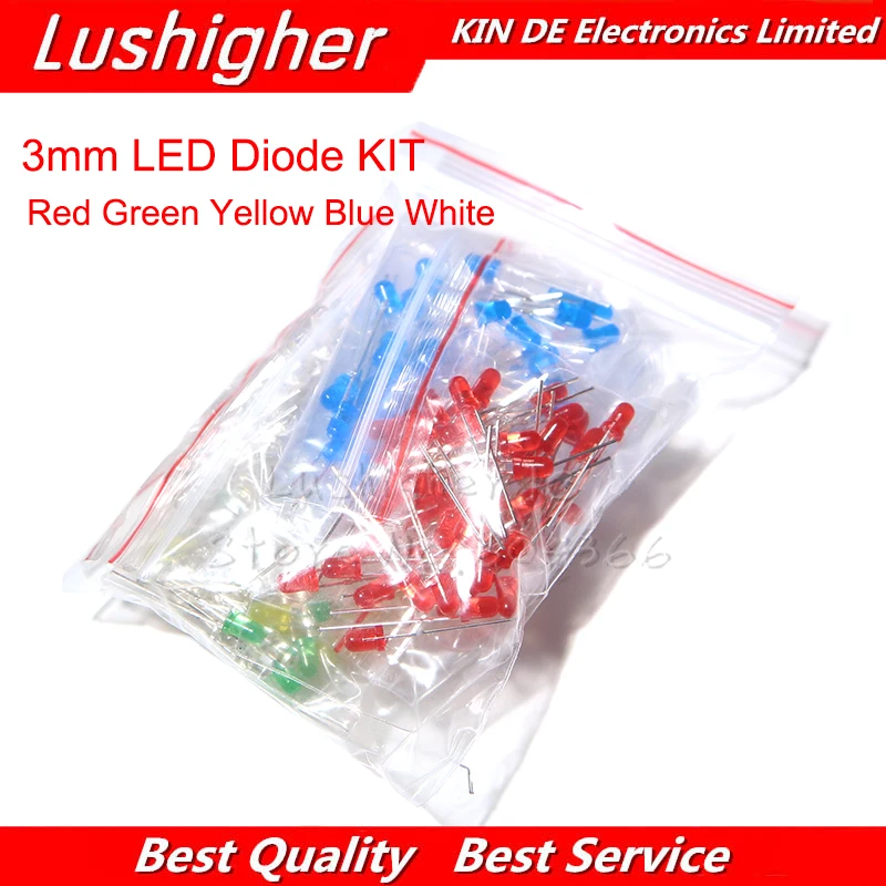 500Pcs 3MM LED Diode Kit Mixed Color Red Green Yellow Blue White 5 Values*100 | Электронные компоненты и