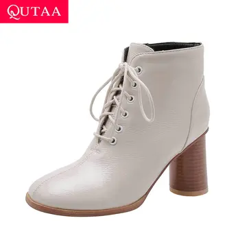 

QUTAA 2020 Lace Up Thick High Heel Patent Leather Fashion Women Ankle Boots Casual Round Toe Warm Fur Winter Shoes Size 34-43