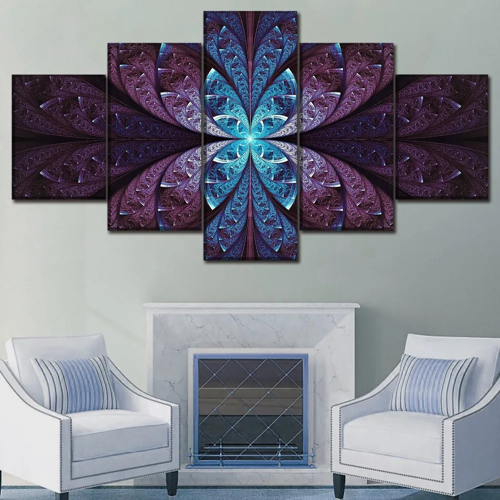 

Canvas Painting 5 Piece Abstract Blue Flower Fractal Purple Artistic Picture Modern Wall Art Home Decorative Modular Framework