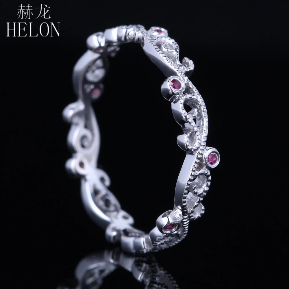 

HELON 100% Genuine Ruby Band Sterling Silver 925 Art Deco Filigree Engagement Wedding Ring Gemstones Ring Women's Fine Jewelry