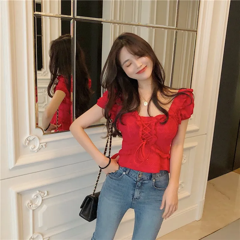 Women Korean Lace Up Casual Shirts Hollow Out Ruffles Embroidery Blouses Female Patchwork Square Neck Sexy Shirts