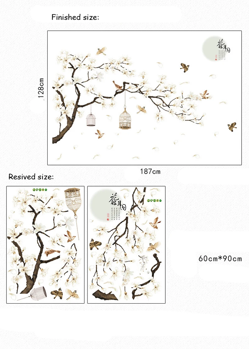 Наклейки на стену с большим деревом и цветами, птицы в клетке, домашний декор, обои для гостиной, спальни, сделай сам, виниловые украшения для комнат