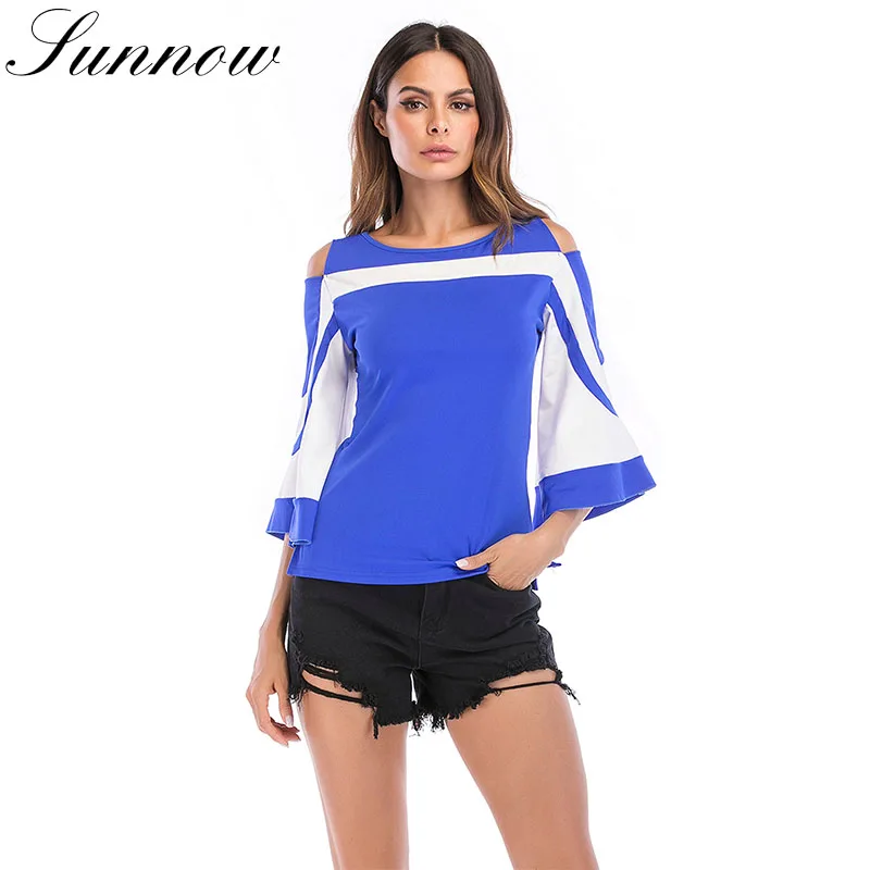 

SUNNOW Spring Elegant Women T Shirt Ladies Office Work Tops Tee Female Back Zipper Flare Sleeve Tshirt Fashion Streetwear