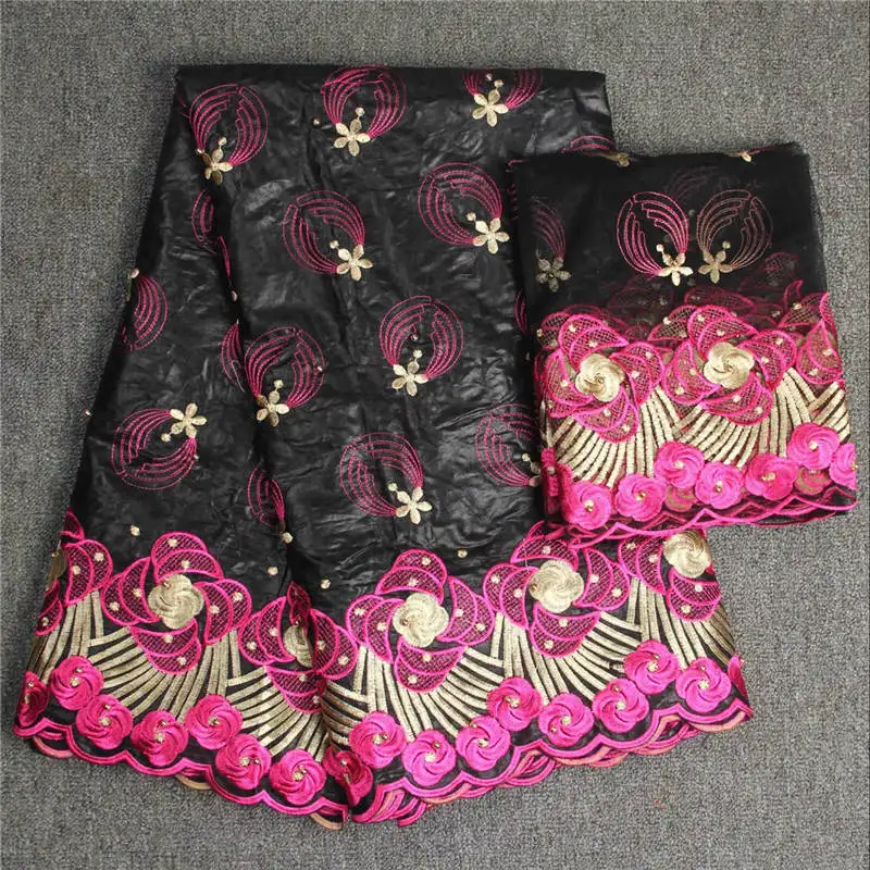 

2018 African brocade fabric black bazin riche with embroidered and bead african net lace for women dress 5yard/lot-35