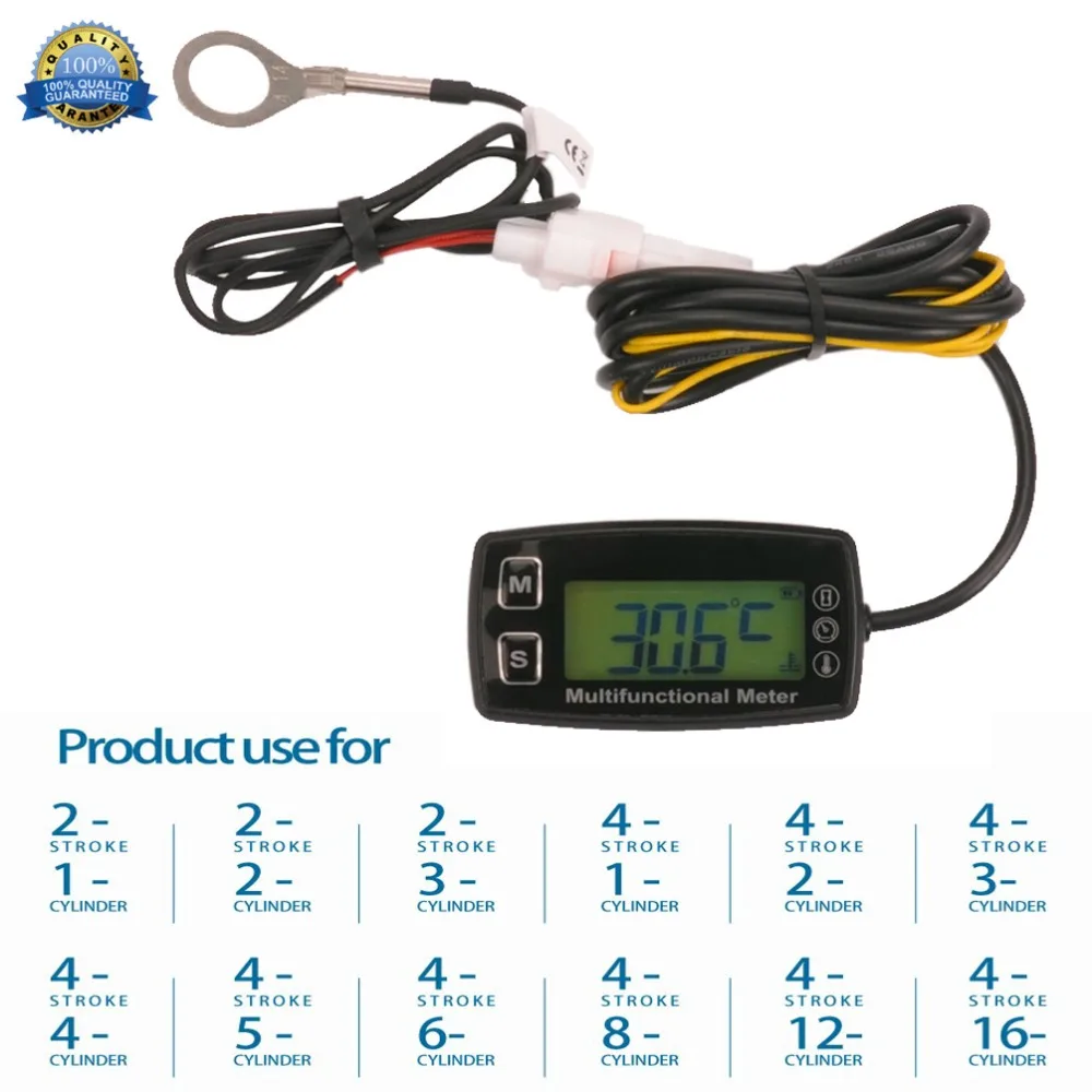 Digital LCD Tach Hour Meter Thermometer Temp Meter for gas engine