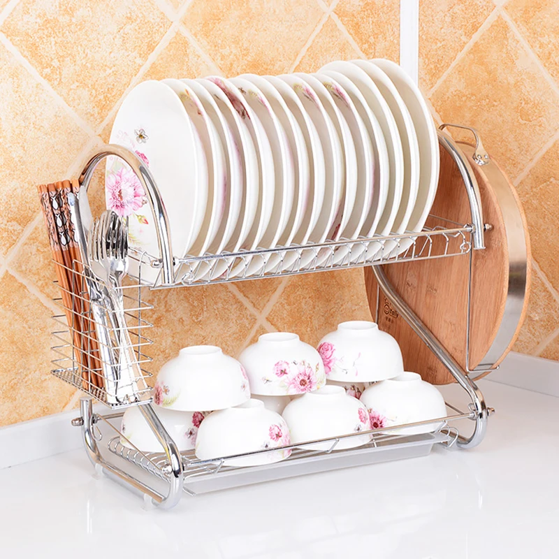 2 Tiers Dish Drying Rack Holder Basket Plated Iron Kitchen Washing Sink Dish Drainer Drying Rack Knife Bowl Organizer 08164