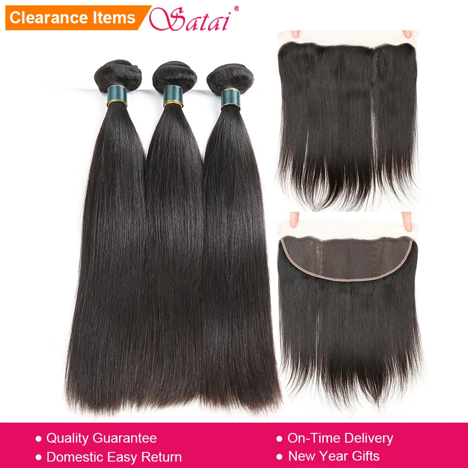 Satai Straight Hair Human Hair 3 Bundles With Frontal Natural Color Peruvian Hair Bundles With Closure Non Remy Hair Extension