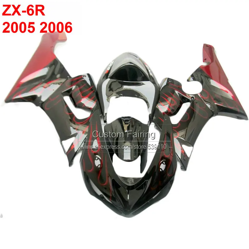 black Motorcycle fairings for Kawasaki  zx6r zx 6r Ninja 05 06 2005 2006 red flames fairing kit  xl57