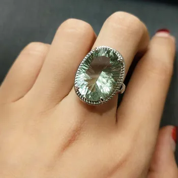 

FLZB , Big silver super ring with 18k gold 16.5ct concave cut ov 15*20mm natural green amethyst quartz gemstone ring for gift