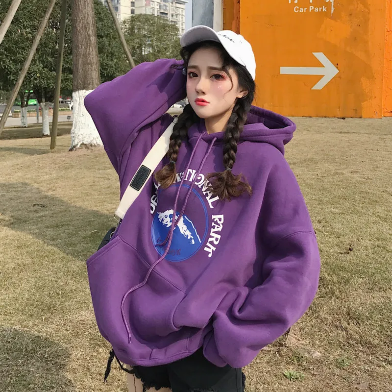 Harajuku модные зимние Mountain Письмо печати Для женщин толстовки с длинным рукавом