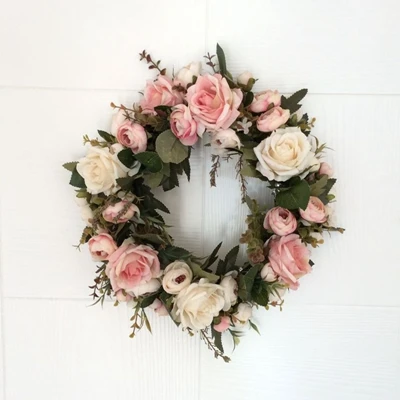 Christmas Silk Peony Rose Artificial Flowers Wreath Door High Quality Artificial Garland For Wedding decoration Home Party Decor - Цвет: B pink 35cm