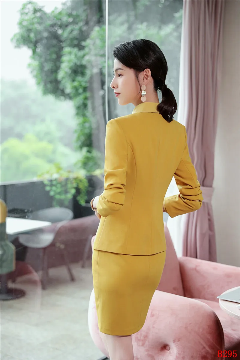 Модный женский желтый Блейзер, женские деловые костюмы с юбкой и ...