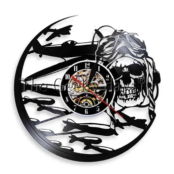 

1Piece Dead Pilot Propeller Aircraft Wall Art Sugar Skull Vinyl Record Clock Home Decor LED Wall Light Horror Lighting