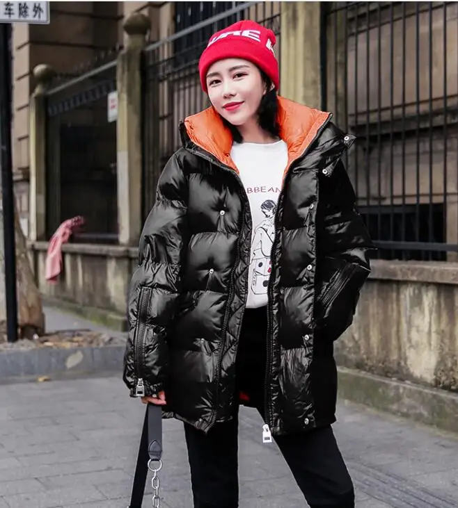 Женские зимние куртки, серебристый металл, Женская парка, модное зимнее теплое пальто, пуховик, большой размер, женские куртки, верхняя одежда - Цвет: Черный