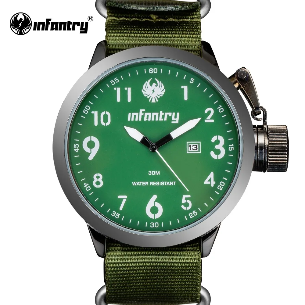 INFANTRY Men Watch Green Big Crown Army Sports Watches Quartz Military