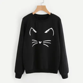 

2019 Kawaii Cat Emotion Sweatshirts Womens Black Hoodie Long Sleeve Casual Hooded Coat Pullover Tops