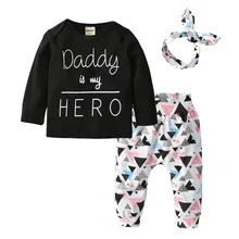 Одежда для новорожденных девочек комплект одежды из 3 предметов «Daddy is my Hero», футболка с длинными рукавами+ штаны+ повязка на голову, комплект одежды для малышей