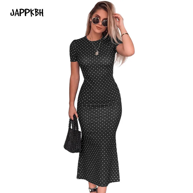 

JAPPKBH Summer Dress Women 2019 Sexy Casual Dot Slim O-Neck Black Beach Party Dresses Female Vintage Bodycon Long Dress Vestidos