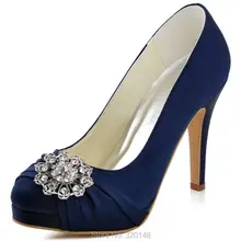 Women Shoes Navy Blue High Heel Platform Rhinestone Closed Toe Satin Bride Prom Party Bridal Wedding Pumps EP2015 White Silver