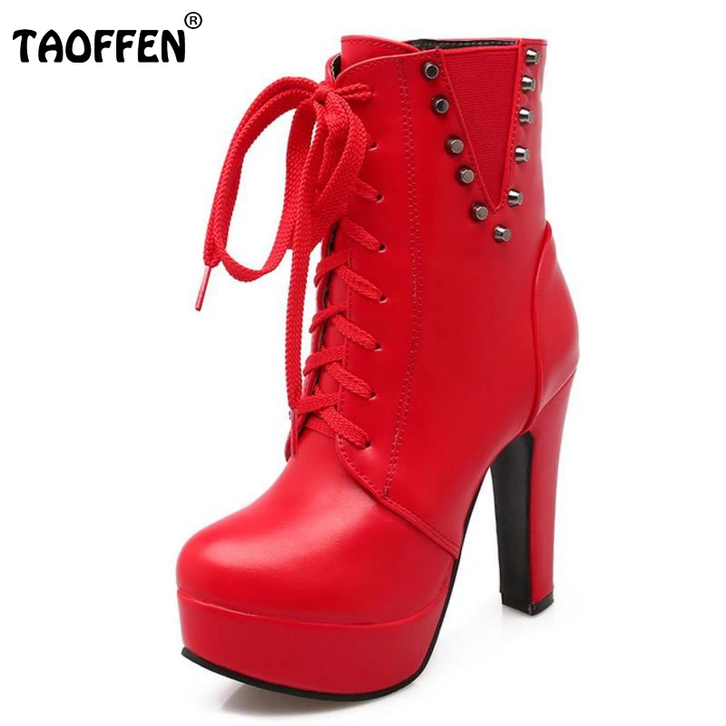 

TAOFFEN Women Shoes Women Boots Ankle Boots High Heeled Platform Zipper Fur Inside Solid Color Fashion Warm Footwear Size 33-43