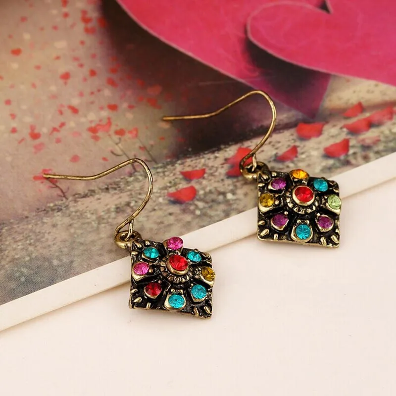 

Fashion Women Girls Bohemian National Wind Retro Colorful Rhinestone Drop Earrings