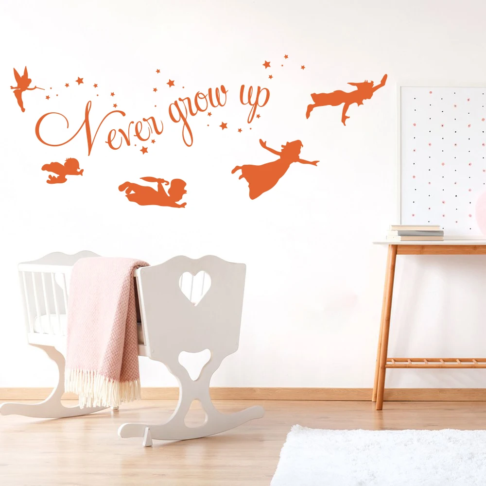 Cartoon Peter Pan Never Grow Up Quote Wall Decal Baby Nursery Kids Room Peter Pan Tinkerbell Star Wall Sticker Bedroom Vinyl Art (6)