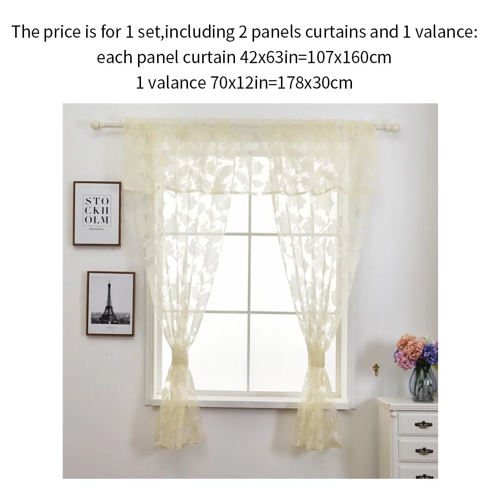 Smt462 NAPEARL Floral Leaves Jacquard Short Tulle Drops Valance Set Kitchen Windows With Ropes Cream Color Rustic Decor Fabric Circle