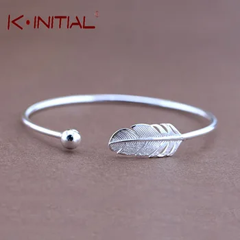 Kinitial1Pcs 925 Silver Ball Feather Bracelet for Women Adjustable Wedding Cuff Bangle Fashion Sterling-silver-jewelry Gift