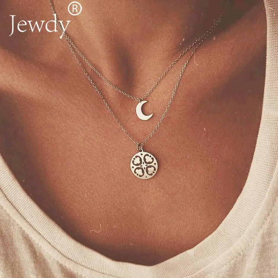 

Double Layers MOON Pendant Heart Choker Necklace Silver Multilayer Necklaces for Women Girl Gift Party Collares Bohemian Jewelry