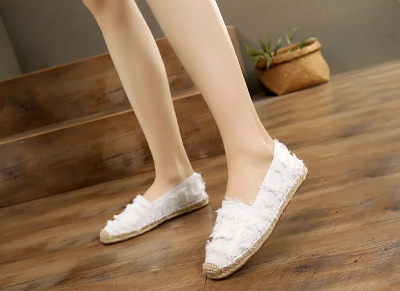 Retro Ladies Womens Casual Espadrilles Shoes for Female Straw Flat Canvas Fisherman's Hemp Rope Bottom Women's Shoes White Black (8)