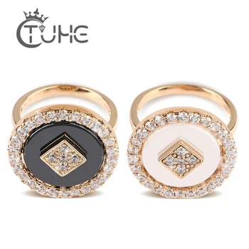

2018 New Micro Wax Inlay Natural Zircon Black White Ceramics Rings Women 585 Rose Gold Wedding Luxury Flower Romantic Jewelry