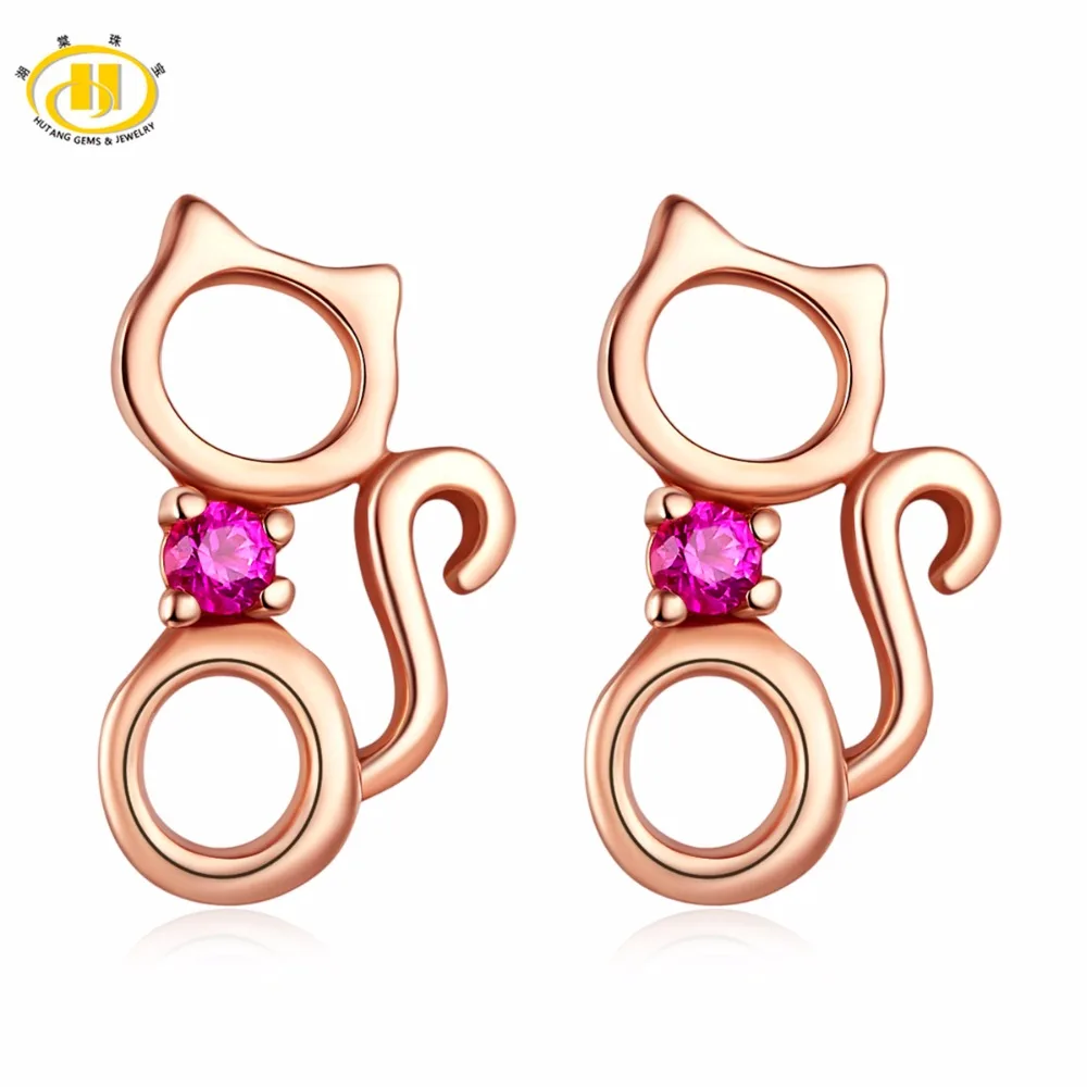

Hutang Solid 18K Rose Gold 0.05ct Natural Gemstone Ruby Tiny Sweet Cat Earrings Fine Jewelry For Women's Gift 2017 NEW