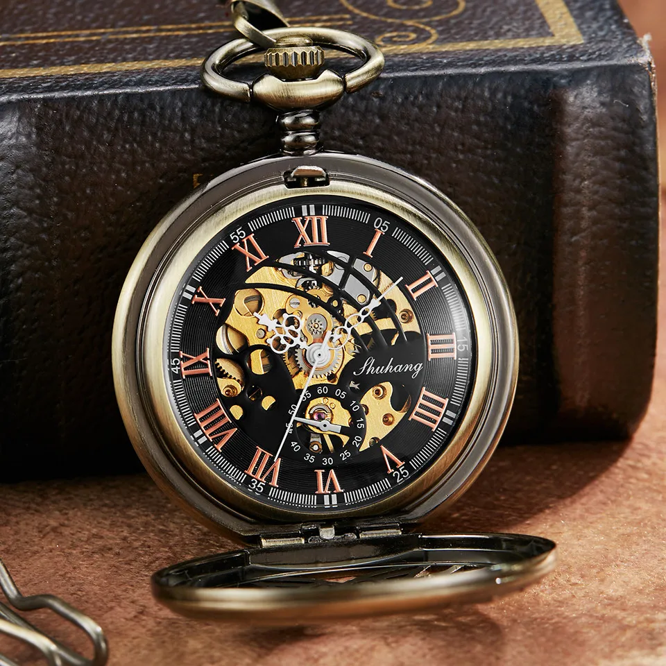 Luxus Goldene Liebe Flügel Mechanische Taschenuhr Männer Frauen Fob Kette Einzigartige Hohl Design Skeleton Doppel Seite Hand Wind Uhren