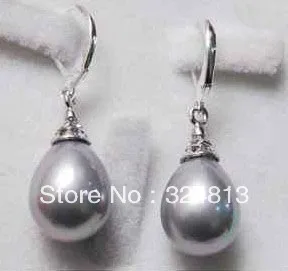 

Free shipping 12X16MM Grey Shell Pearl Drop Earrings Water drop 925 silver Fine Jewelry