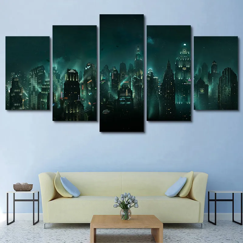 

Canvas Pictures Home Decor HD Print 5 Panel Bioshock Rapture Night View Painting Modular Abstract Game Poster Wall Art Framework
