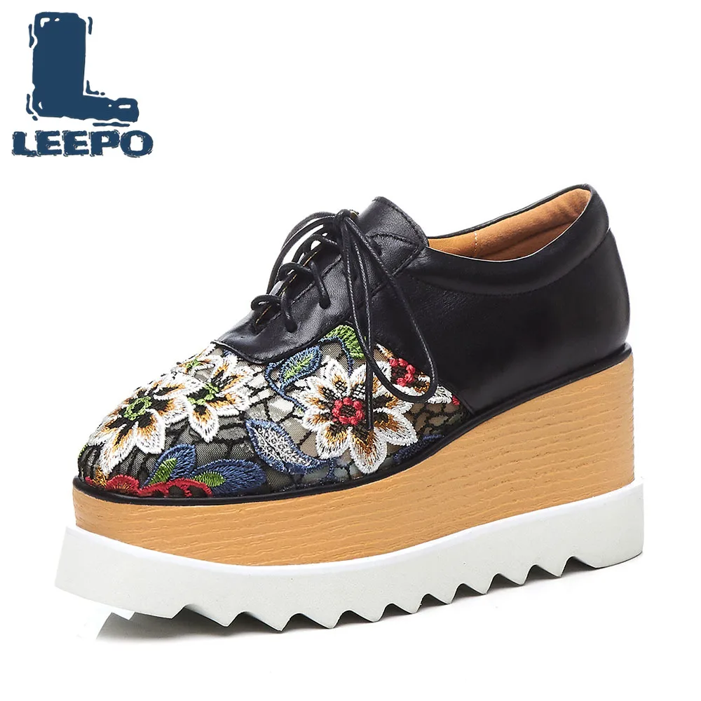 

LEEPO Women Flat Platform Flower Shoes Woman Luxury Handmade Genuine Leather Air Mesh Lace-Up Shoe Lady Platform Embroider Flats