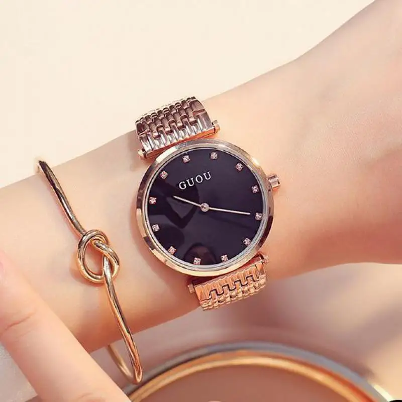 Luxury GUOU Bling Rose Gold Crystal Bracelet Quartz Wristwatches Wrist
