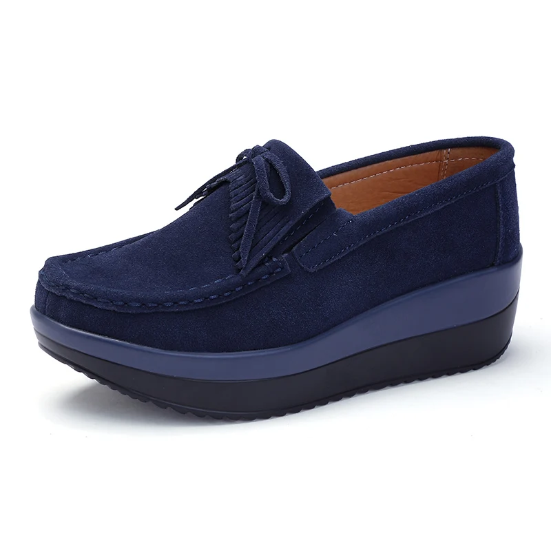 dark blue Plardin/Новинка; Осенняя женская обувь на плоской подошве; обувь на платформе с бахромой; повседневная обувь из кожи и замши; обувь на плоской подошве без застежки; обувь на толстой мягкой подошве - Цвет: dark blue