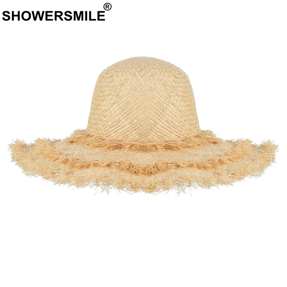 

SHOWERSMILE Women Raffia Hat Tassel Summer Hat Female Multi Layer UV Protection Wide Brim 13cm Designer Brand Ladies Straw Hats